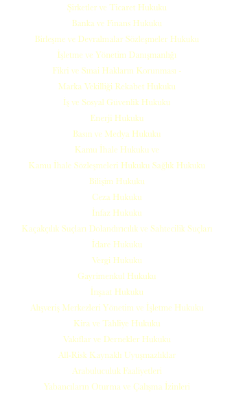 Şirketler ve Ticaret Hukuku Banka ve Finans Hukuku Birleşme ve Devralmalar Sözleşmeler Hukuku İşletme ve Yönetim Danışmanlığı Fikri ve Sınai Hakların Korunması - Marka Vekilliği Rekabet Hukuku İş ve Sosyal Güvenlik Hukuku Enerji Hukuku Basın ve Medya Hukuku Kamu İhale Hukuku ve Kamu İhale Sözleşmeleri Hukuku Sağlık Hukuku Bilişim Hukuku Ceza Hukuku İnfaz Hukuku Kaçakçılık Suçları Dolandırıcılık ve Sahtecilik Suçları İdare Hukuku Vergi Hukuku Gayrimenkul Hukuku İnşaat Hukuku Alışveriş Merkezleri Yönetim ve İşletme Hukuku Kira ve Tahliye Hukuku Vakıflar ve Dernekler Hukuku All-Risk Kaynaklı Uyuşmazlıklar Arabuluculuk Faaliyetleri Yabancıların Oturma ve Çalışma İzinleri